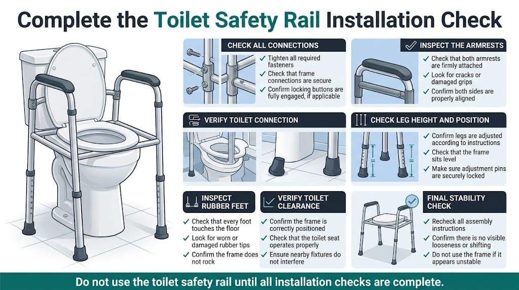 Infographic showing six toilet safety rail installation checks, including secure connections, armrests, leg adjustments, rubber feet, toilet clearance, and frame stability