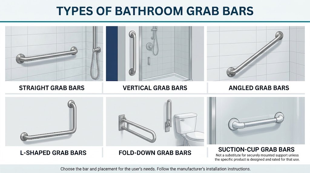 Infographic showing straight, vertical, angled, L-shaped, fold-down, and suction-cup bathroom grab bars.