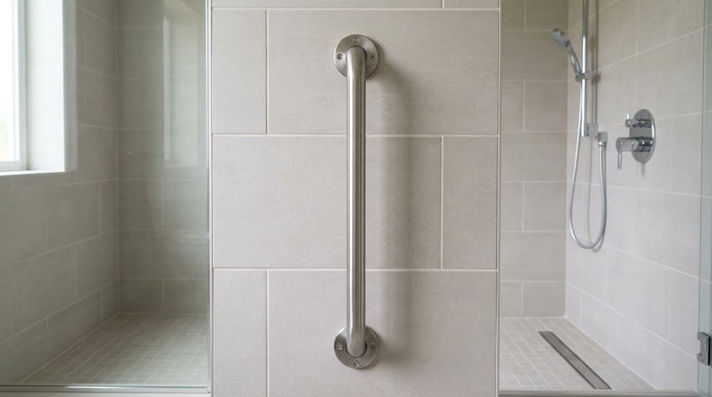 Vertical stainless steel grab bar mounted on a tiled shower wall