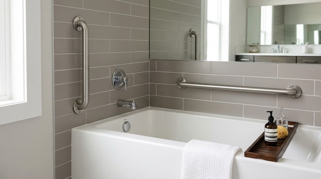 Vertical and horizontal stainless steel grab bars mounted beside a bathtub