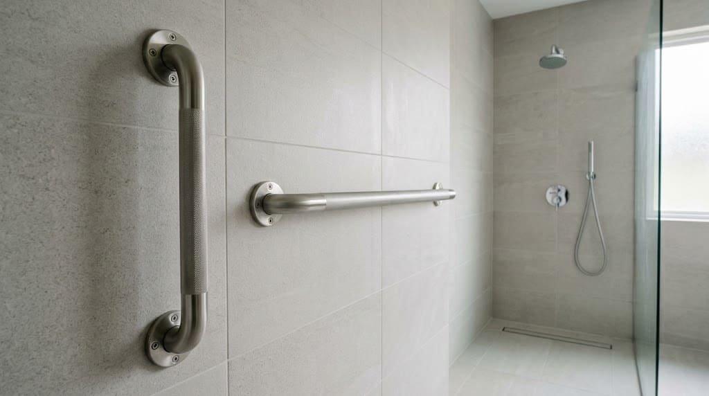 Vertical and horizontal stainless steel grab bars mounted on a tiled shower wall