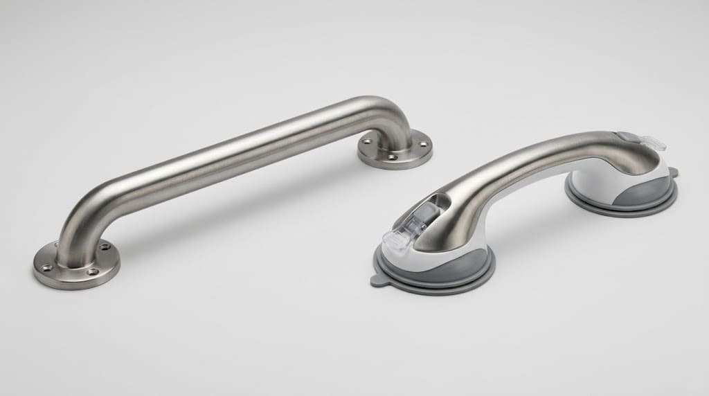 Comparison of a screw-mounted bathroom grab bar and a suction-cup handle