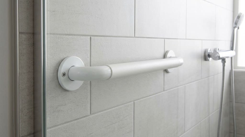 White nylon-coated bathroom grab bar showing its smooth protective surface and wall-mounted fittings