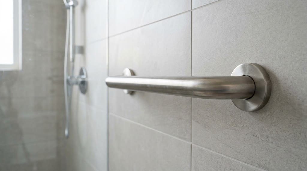 Brushed stainless steel bathroom grab bar mounted on a light-gray tiled shower wall