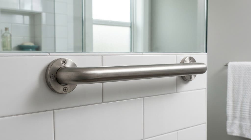 Smooth stainless steel bathroom grab bar with an even, non-textured gripping surface