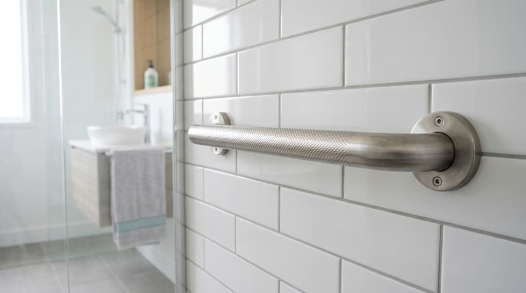 Textured stainless steel bathroom grab bar with a peened gripping surface