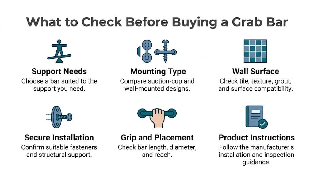Infographic showing six things to check before buying a bathroom grab bar, including mounting type, wall surface, installation, grip, and instructions
