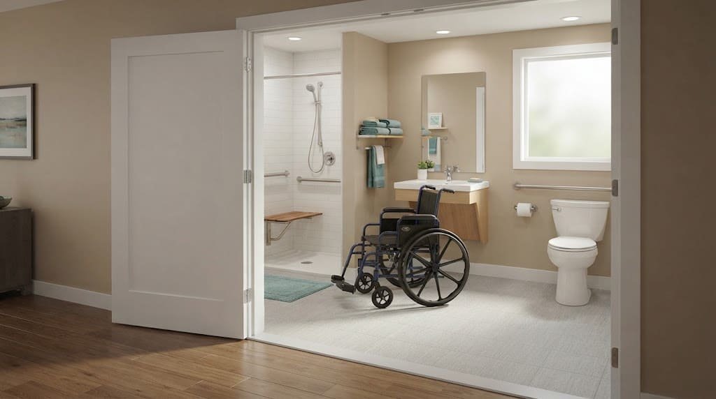 Wheelchair-accessible bathroom with a clear doorway, open maneuvering space, and an accessible sink and shower.