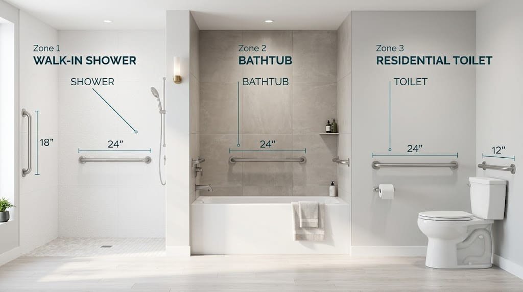 Bathroom grab bar placement examples showing support bars in the shower, along a bathtub, and beside a toilet.