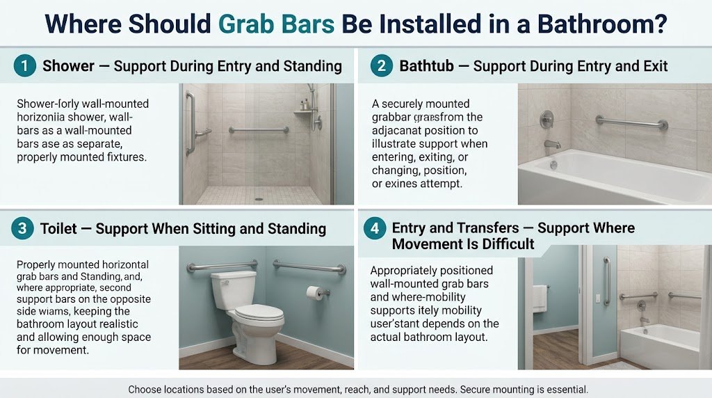 Infographic showing bathroom grab bar placement in the shower, bathtub, beside the toilet, and near transfer areas.