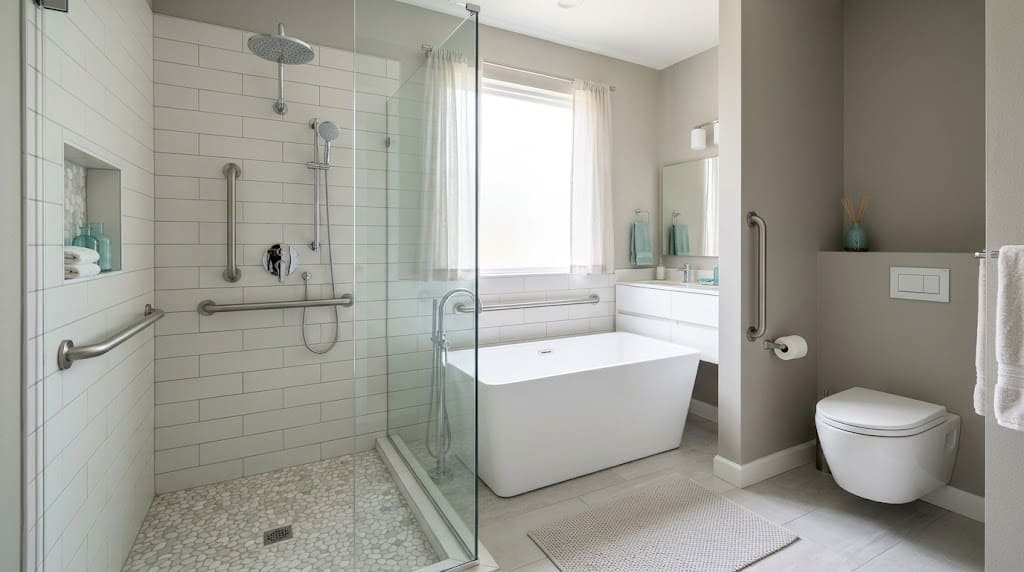 Wall-mounted grab bars in a bathroom shower and bathtub area