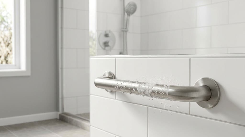 Wet stainless steel bathroom grab bar with soap residue on a tiled shower wall.
